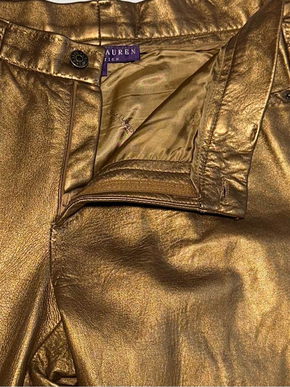 Ralph Lauren Collection Gold Metallic Leather Bootcut Pants USA 10 Y2K - Picture 3 of 10